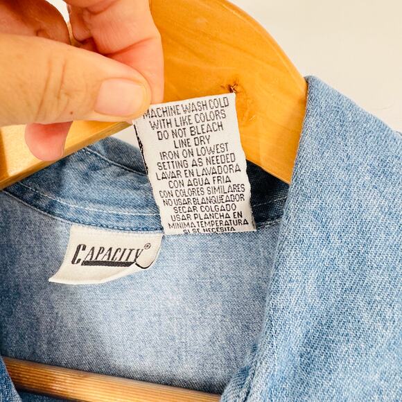 Vintage Capacity Denim Midi Dress Embroidered Floral Western Size Large Cottage - Picture 8 of 11